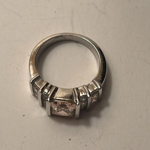 Silver Tone Square Cut Light Pink and clear crystal statement cocktail ring 7 - Picture 8 of 8